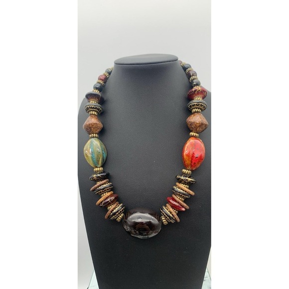 Vintage Brass Tone Chunky Pretty Multi Color Beaded Boho Choker Necklace 14-17" - Picture 4 of 5
